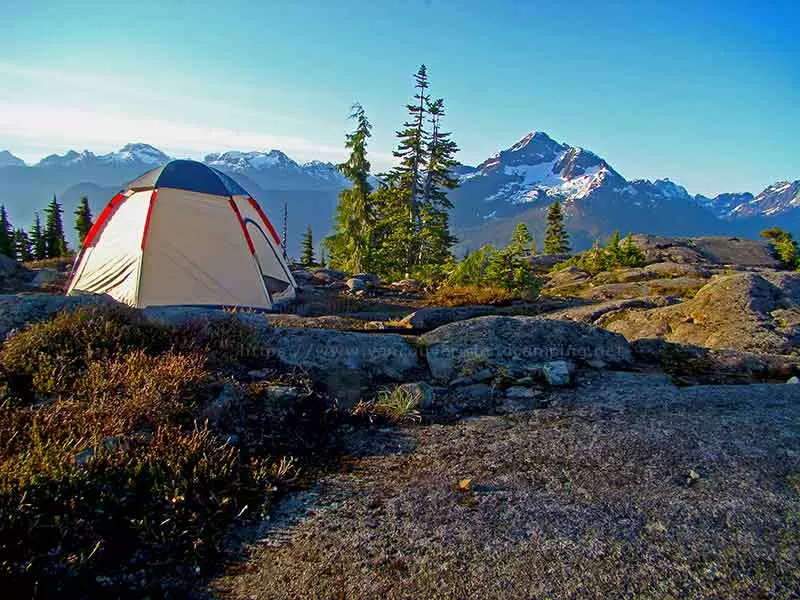 photo of my tent atop of Crest Mountain with Mount Colonal Foster in the background