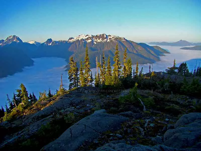photo of a foggy morning in the valleys from atop of Crest Mountain in Strathcona Park on Vancouver Island
