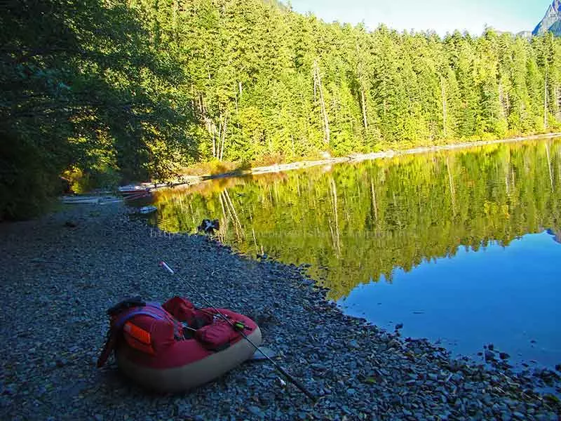photo of my float tube on the beach before heading out to fish Schoen Lake