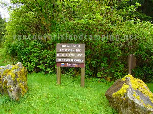 photo of the entrance sign to Cougar Creek Recreation Site in Nootka Sound