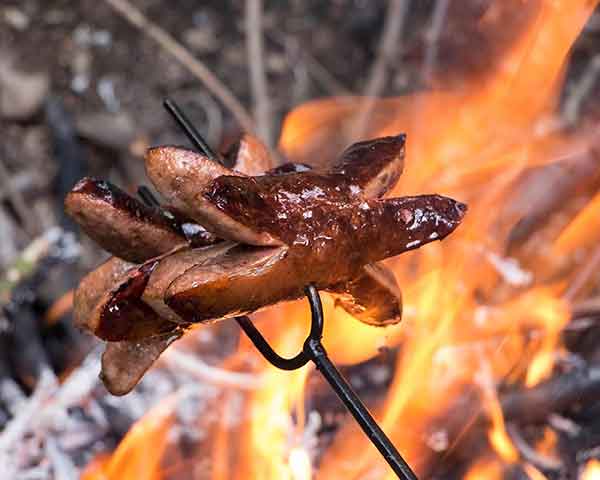 photo of roasting hot dogs over the campfire