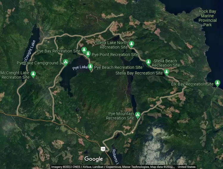 aerial map of roads to Pye Lake Campgrounds