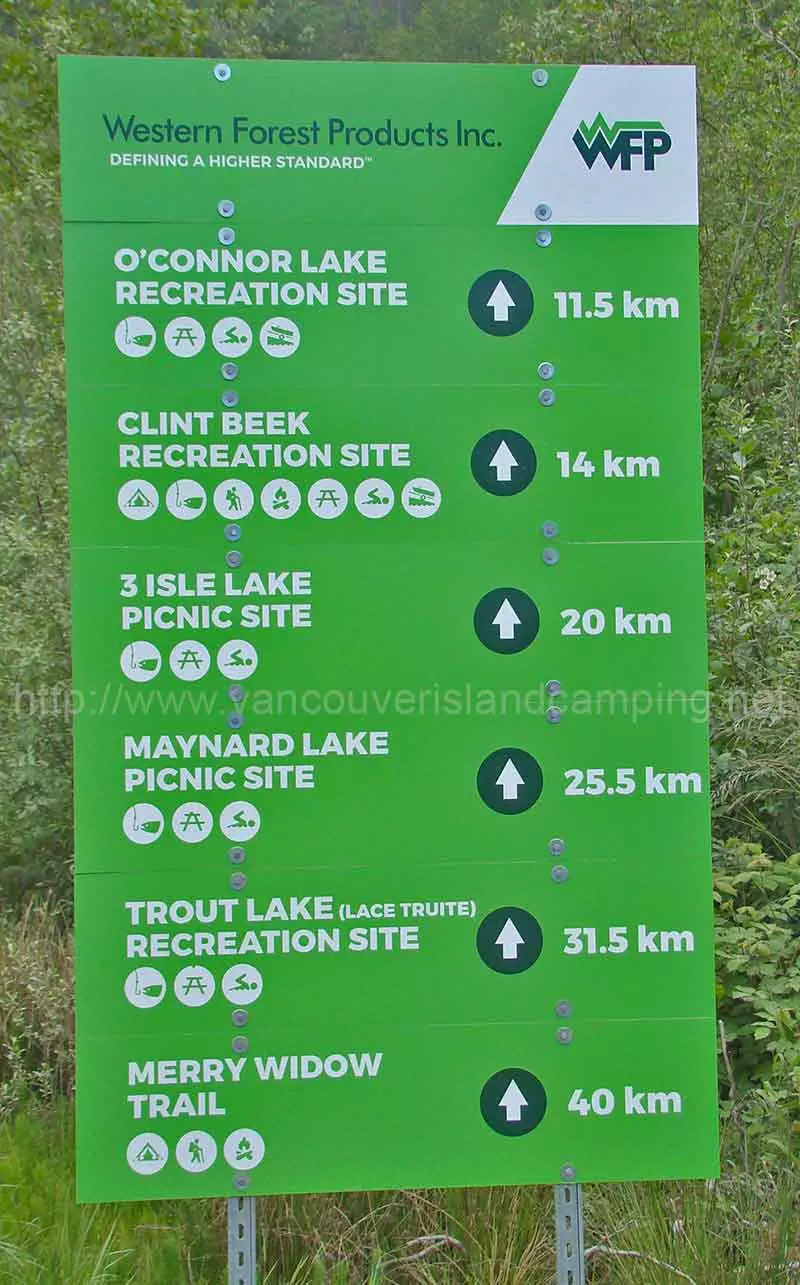 photo of Western Forest Products sign for distances to recreation sites on the Alice Lake Loop
