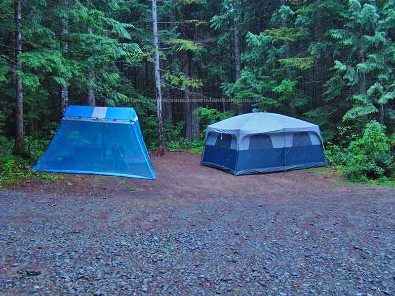 photo of two tents set up at a campsite in Boot Lake Recreation Site on Vancouver Island