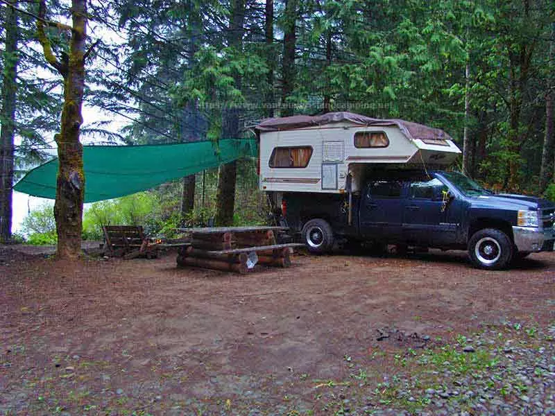 photo of my camper set up in the main campsite of Boot Lake Recreation Site on Vancouver Island