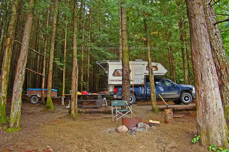 photo of my camper at Brewster Lake Recreation Site campsite on Vancouver Island