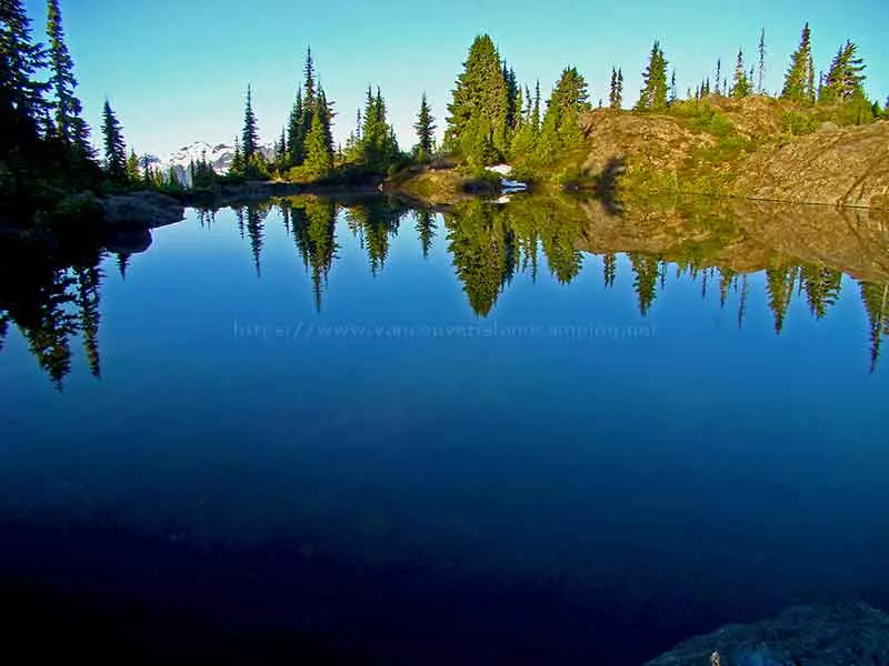 photo of a small lake at the top of Crest Mountain Trail in Strathcona Park on Vancouver Island