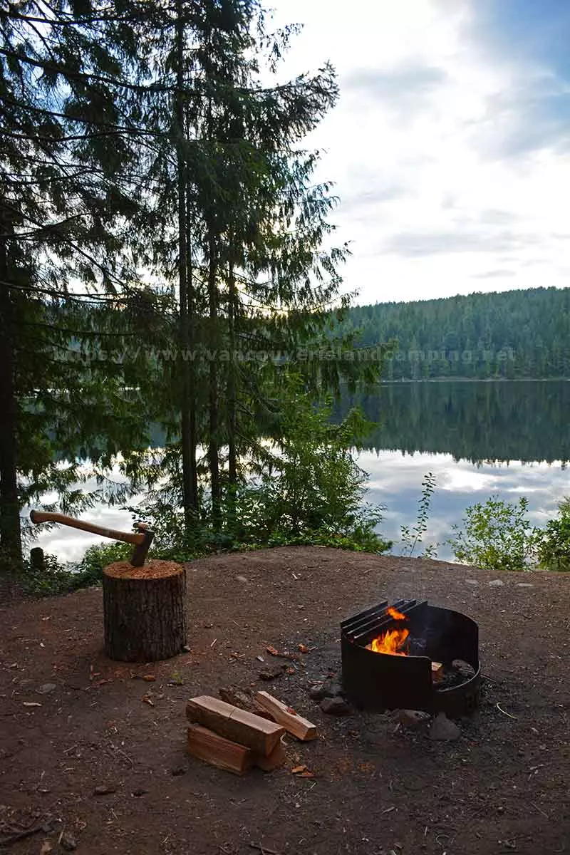 photo of my campfire as dusk settles in over Gray Lake on Vancouver island