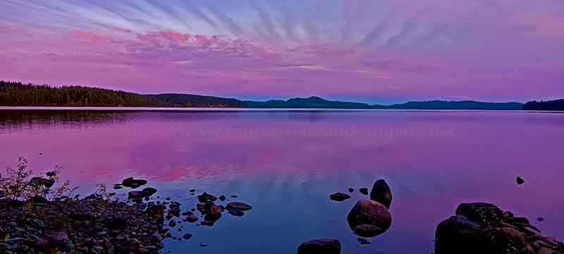 photo of a sunset over Campbell Lake from Petite Gosling Recreation Site on Vancouver Island British Columbia Canada