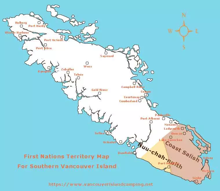 map of the southern First Nations traditional territory on Vancouver Island