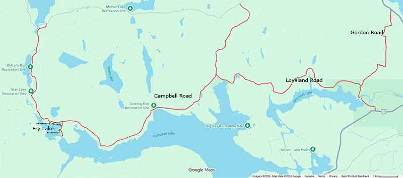 image of a map showing how to get to Fry Lake Campgrounds on Vancouver Island BC Canada