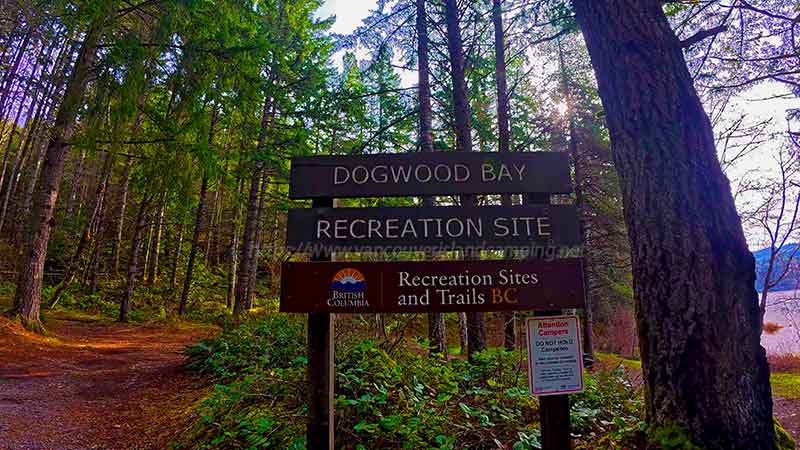 photo of the Dogwood Bay Recreation Site sign on Vancouver Island British Columbia, Canada