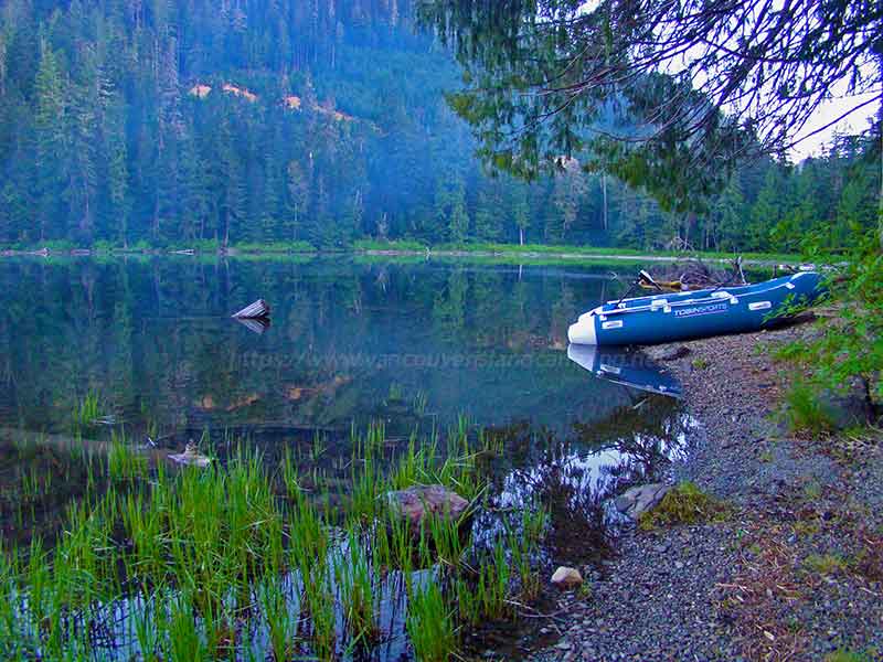 photo of a rubber boat used by two brothers I met while camping at Stewart Lake Recreation Site on Vancouver Island British Columbia, Canada