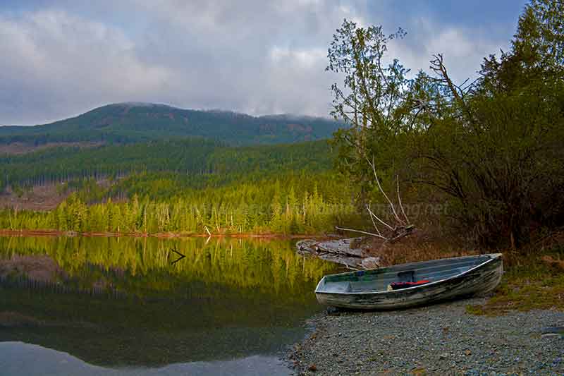 Photo of a boat at the boat launch for Ida Lake Campground on Vancouver Island British Columbia, Canada