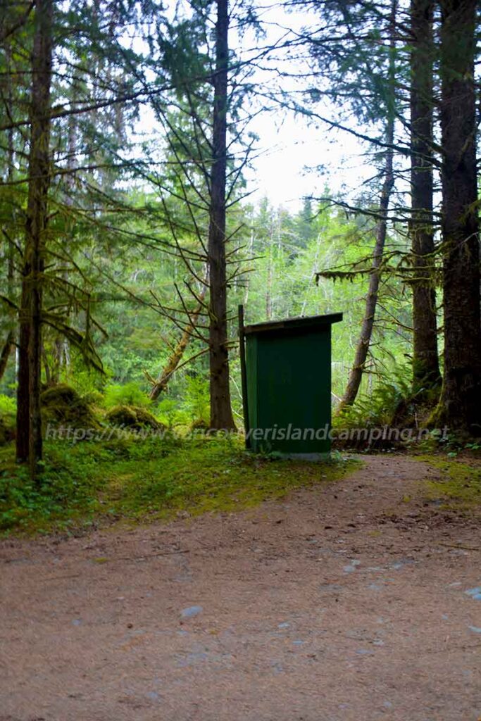 photo of the pit toilet at Montague Recreation Site on Vancouver Island British Columbia, Canada
