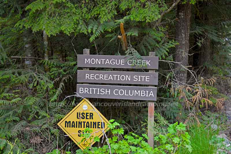 photo of the Montague Creek Recreation Site sign on Vancouver Island British Columbia, Canada