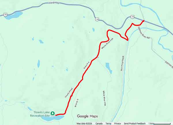 map of how to get to Tlowils Lake Recreation Site on Vancouver Island British Columbia, Canada